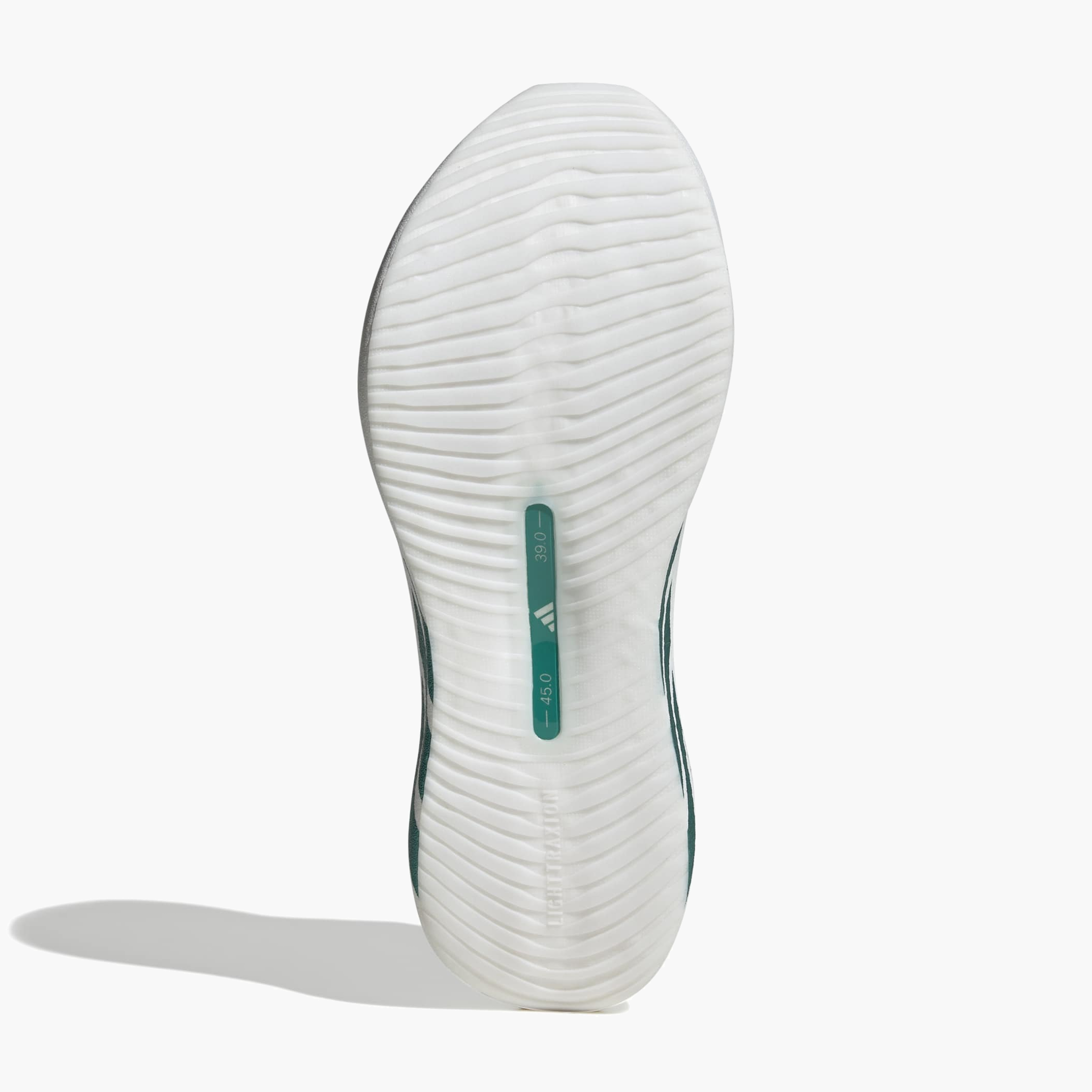 Sole angle shot of Men's Hyperboost Edge in Ftwr White / Equipment Green / Zero Met.