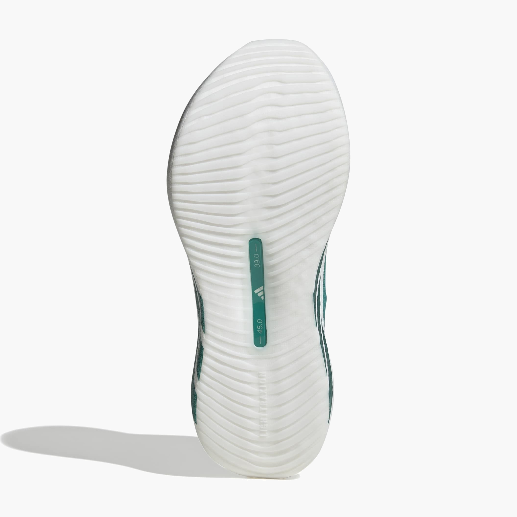 Sole angle shot of Women's Hyperboost Edge in Ftwr White / Equipment Green / Zero Met.