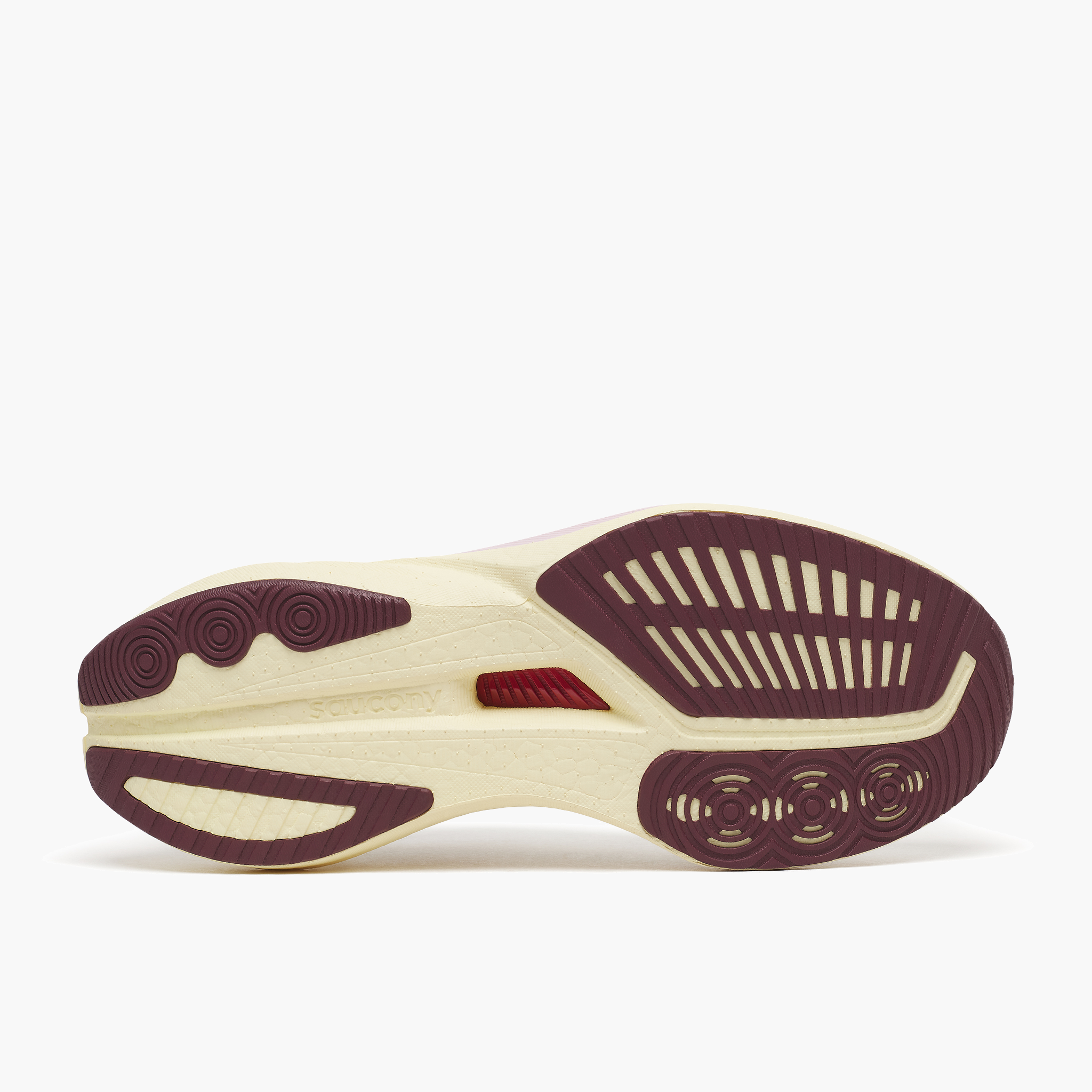 Sole angle shot of Women's Endorphin Speed 5 in Ivory / Maroon