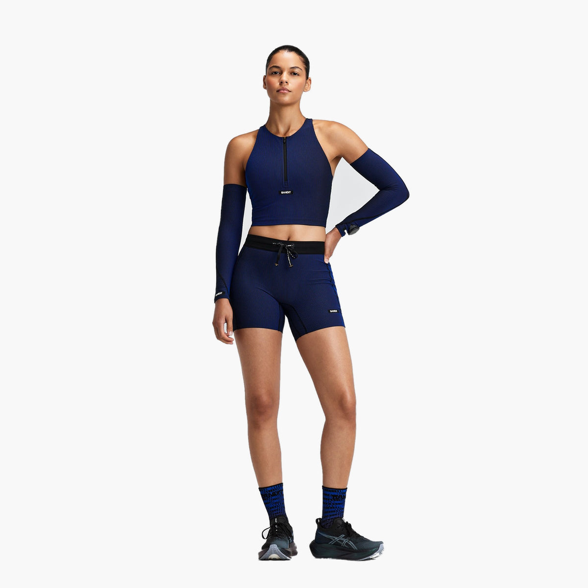 Women's Striped Cadence Zip Front T-Back Race Crop — on-body source 10 [WTCCP004FL26BBB.XS]