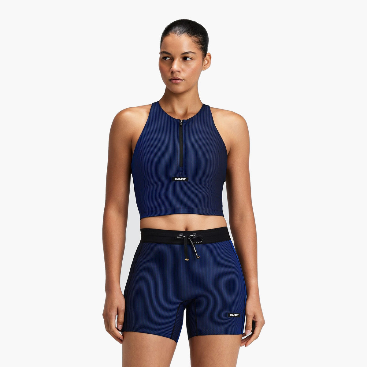Women's Striped Cadence Zip Front T-Back Race Crop — on-body source 3 [WTCCP004FL26BBB.XS]