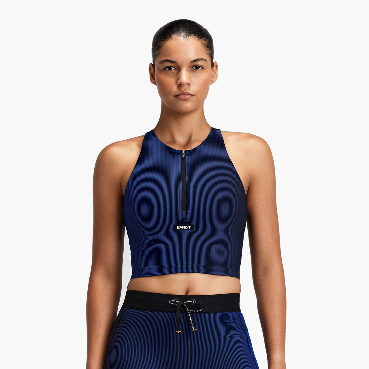 Women's Striped Cadence Zip Front T-Back Race Crop — on-body source 4 [WTCCP004FL26BBB.XS]