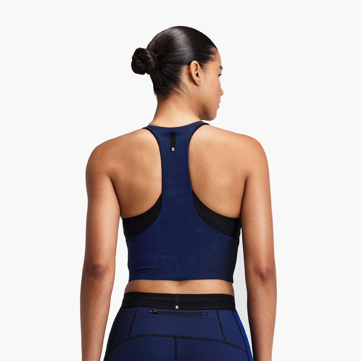 Women's Striped Cadence Zip Front T-Back Race Crop — on-body source 5 [WTCCP004FL26BBB.XS]