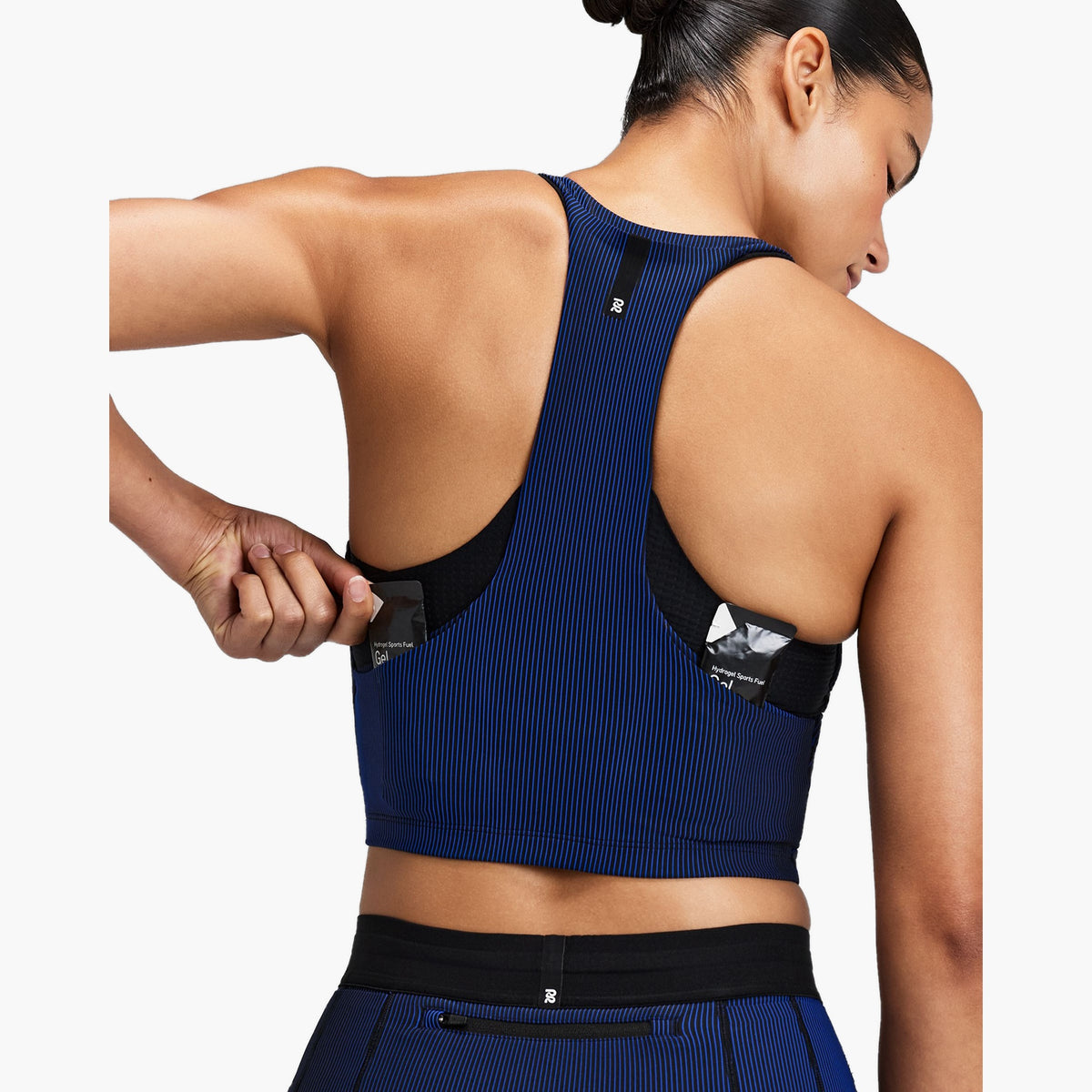 Women's Striped Cadence Zip Front T-Back Race Crop — on-body source 6 [WTCCP004FL26BBB.XS]