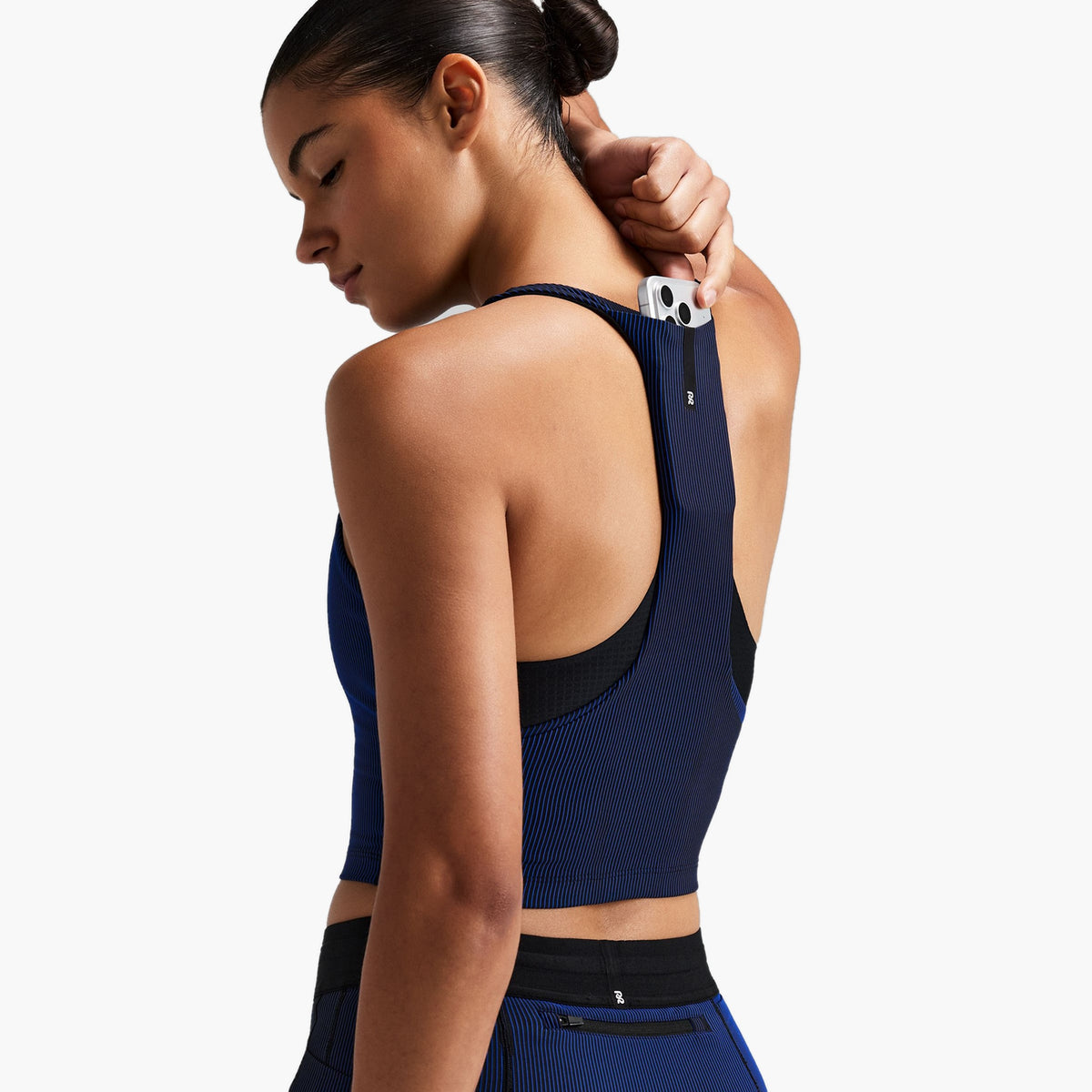 Women's Striped Cadence Zip Front T-Back Race Crop — on-body source 7 [WTCCP004FL26BBB.XS]