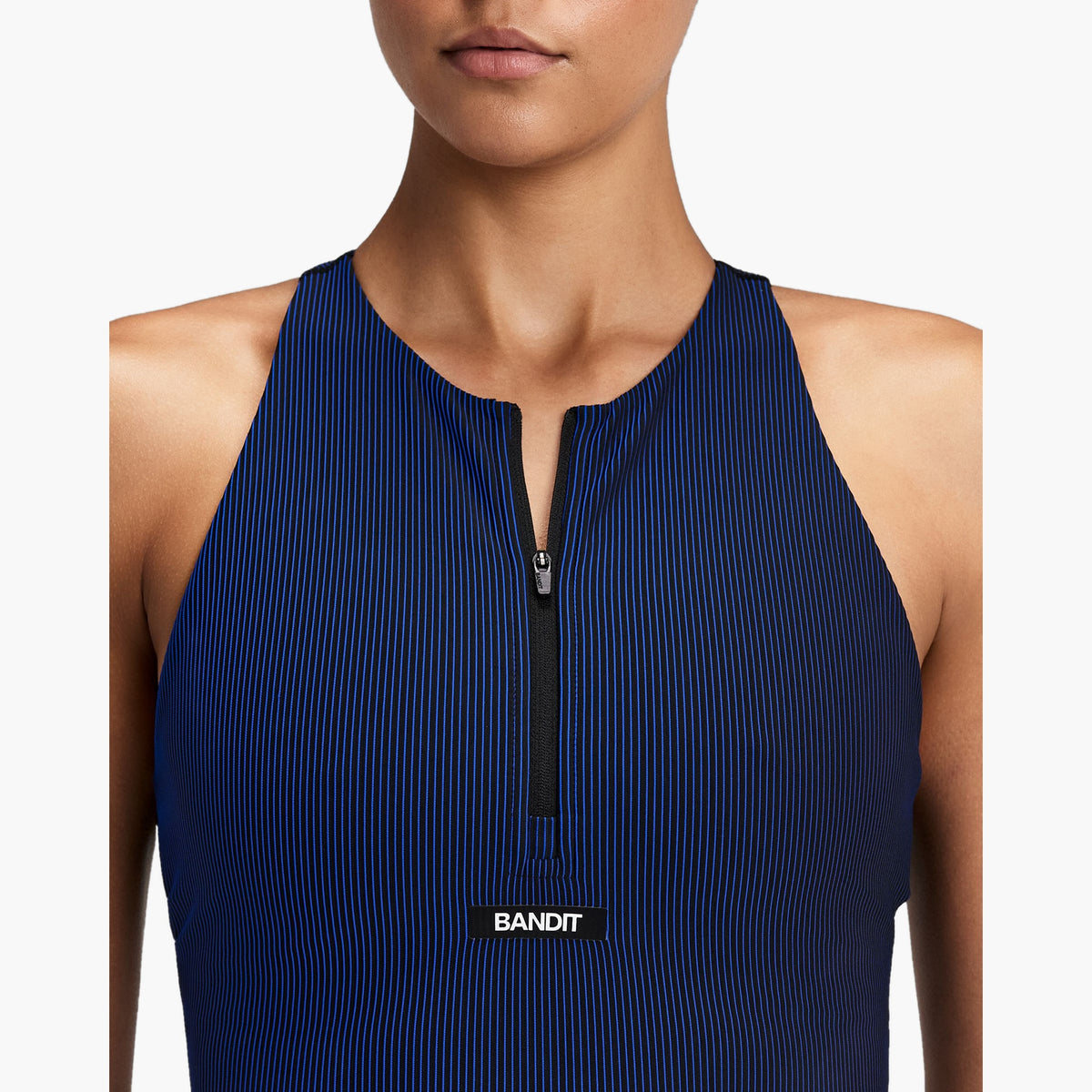 Women's Striped Cadence Zip Front T-Back Race Crop — on-body source 8 [WTCCP004FL26BBB.XS]
